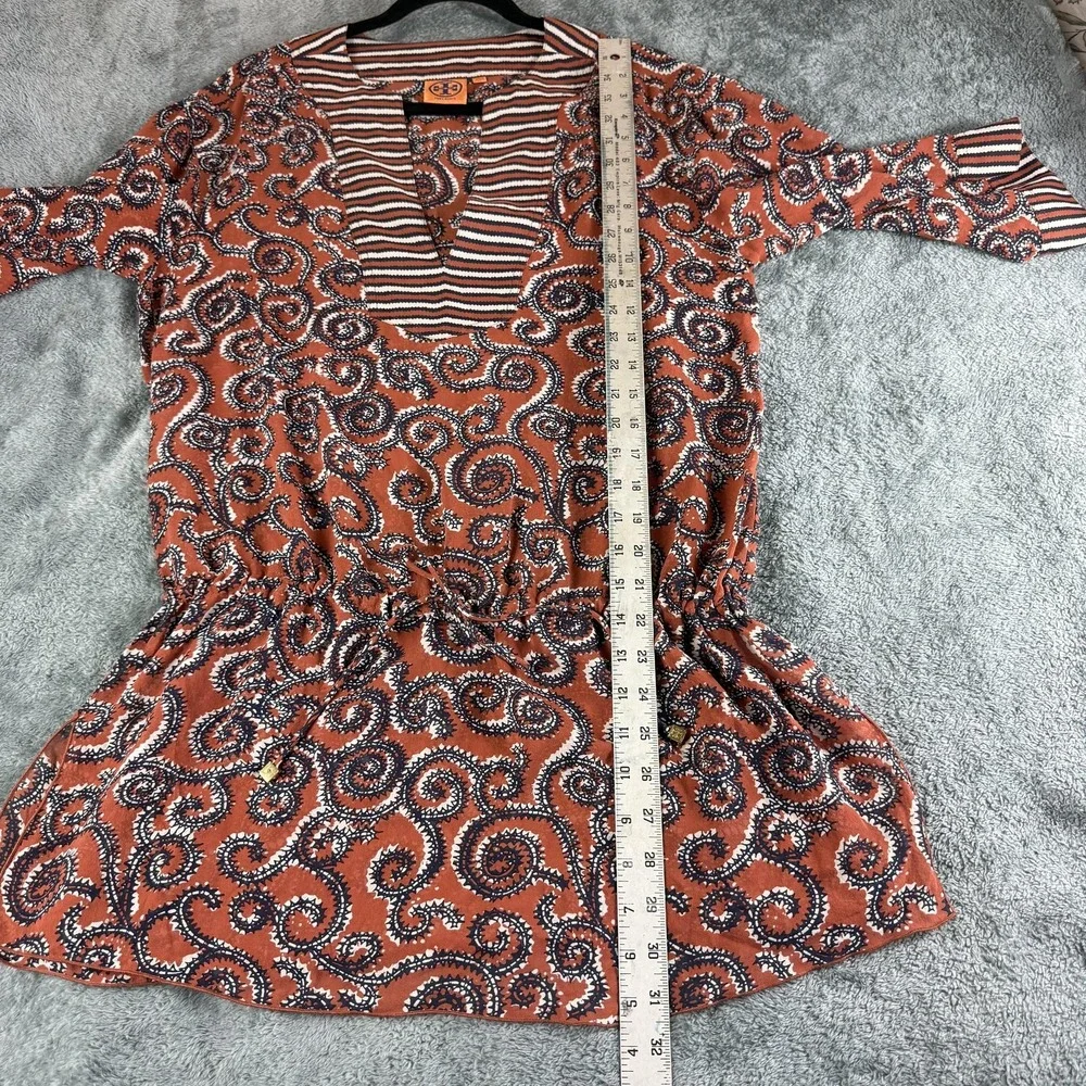 Tory Burch Womens XS Silk Boho Sapello Tunic Paisley Striped Trim 51112639‎